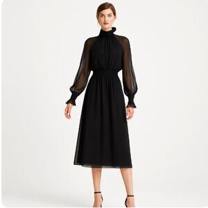 Tory Burch Colette Black Silk Chiffon Sheer Long Sleeve Midi Dress size 6